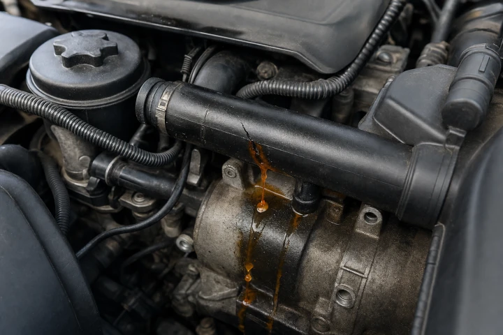 Leaking BMW plastic coolant pipe